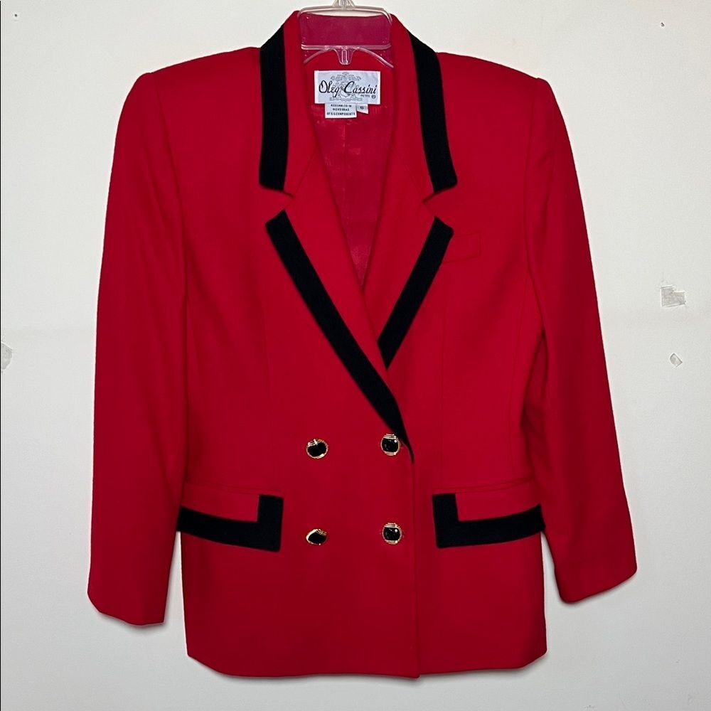 Oleg Cassini Size 6P Double Breasted Red Women’s Blazer Black Accents